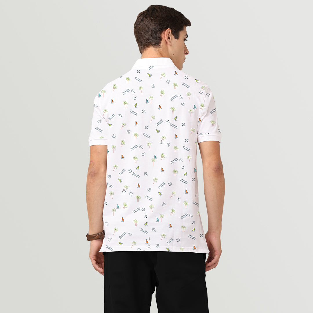 Men's Zipper Printed Polo T-Shirt - Off White