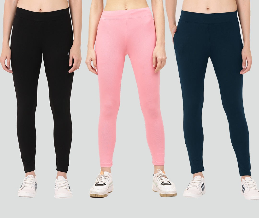 Yoga Pants Pack of 3 - Black ,Neon Pink & Denim Blue